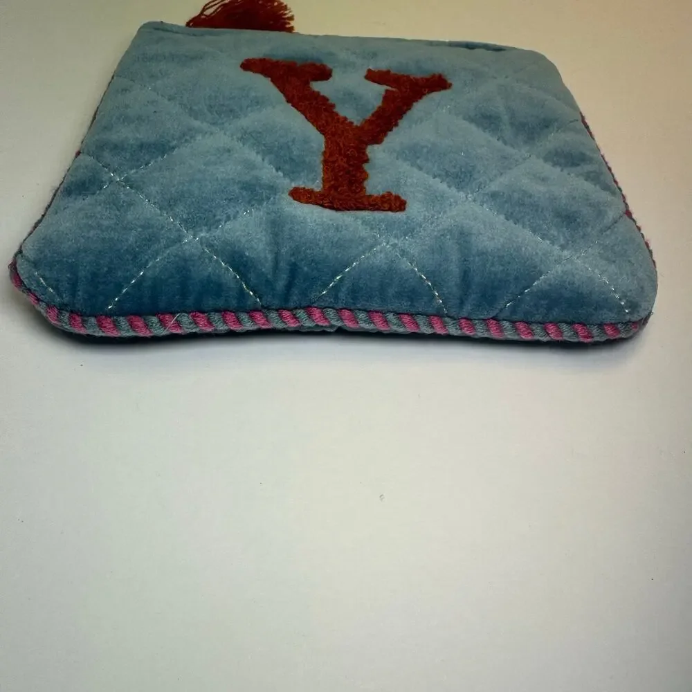 Hand‎ embroidered initial velvet pouch with tassel and the letter ‘Y’